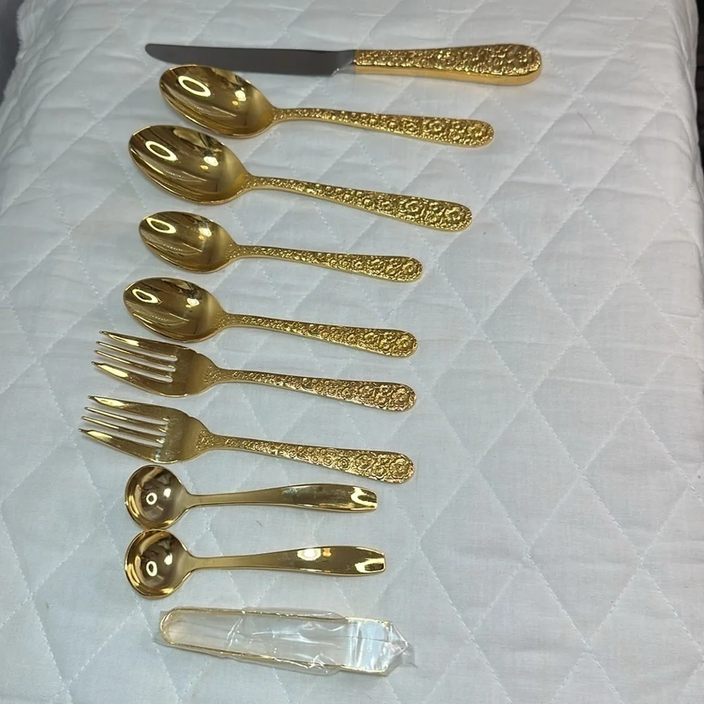Supreme Cutlery 18-8 Japan 10 PCS Gold Plated Set Flatware Hammered Handle VTG